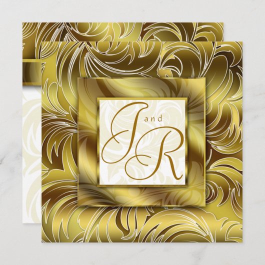 エレガントな結婚式招待状の葉の花柄の金ゴールド 招待状 (正面/裏面)