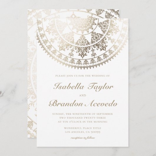 エレガントな結婚式招待状の金ゴールドホイルの曼荼羅 招待状 (正面/裏面)