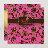 エレガントな結婚式招待状の金ゴールド花のピンクのブラウン 招待状 (正面/裏面)