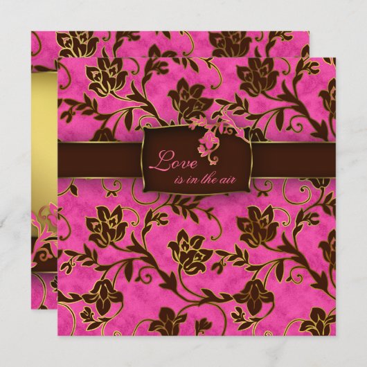 エレガントな結婚式招待状の金ゴールド花のピンクのブラウン 招待状 (正面/裏面)