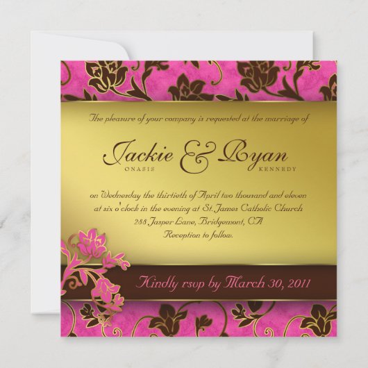 エレガントな結婚式招待状の金ゴールド花のピンクのブラウン 招待状 (裏面)