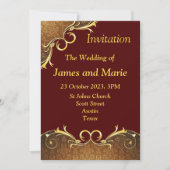 エレガントな結婚式招待状, バーガンディ/ゴールドのスクロール 招待状 (正面)