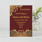 エレガントな結婚式招待状, バーガンディ/ゴールドのスクロール 招待状 (スタンド正面)
