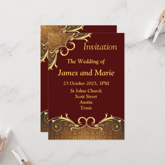 エレガントな結婚式招待状, バーガンディ/ゴールドのスクロール 招待状 (正面/裏面インサイチュ)