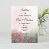 エレガントな結婚式招待状、緑、ピンクの葉 招待状 (スタンド正面)
