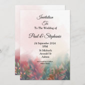 エレガントな結婚式招待状、緑、ピンクの葉 招待状 (正面/裏面)