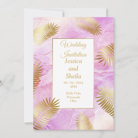 エレガントな結婚式招待状、金ゴールド、ピンクのマーブル 招待状 (正面)