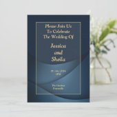 エレガントな結婚式招待状、青、金ゴールド、霜降り 招待状 (スタンド正面)