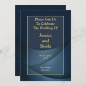 エレガントな結婚式招待状、青、金ゴールド、霜降り 招待状 (正面/裏面)