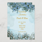 エレガントな結婚式招待状、青、青い花 招待状 (正面/裏面)