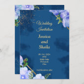 エレガントな結婚式招待状、青、青い花 招待状 (正面/裏面)