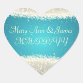 エレガントな結婚式日付まばゆいスパークルズターコイズ ハートシール (正面)