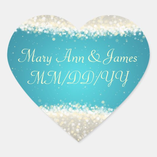 エレガントな結婚式日付まばゆいスパークルズターコイズ ハートシール (正面)