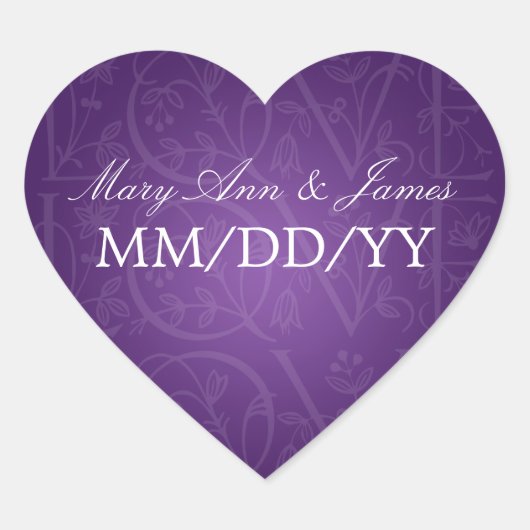 エレガントな結婚式日結び愛が花咲く紫 ハートシール (正面)