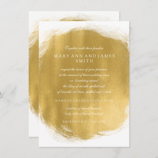 エレガントな結婚式誓約の更新の金ゴールドのペンキの一見 招待状 (正面/裏面)