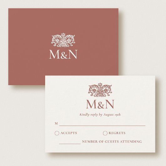 エレガントな結婚式返信封筒モノグラム テラコッタ 出欠カード