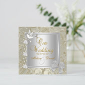 エレガントな結婚式 ゴールド シルバー ホワイトダブ 招待状 (スタンド正面)