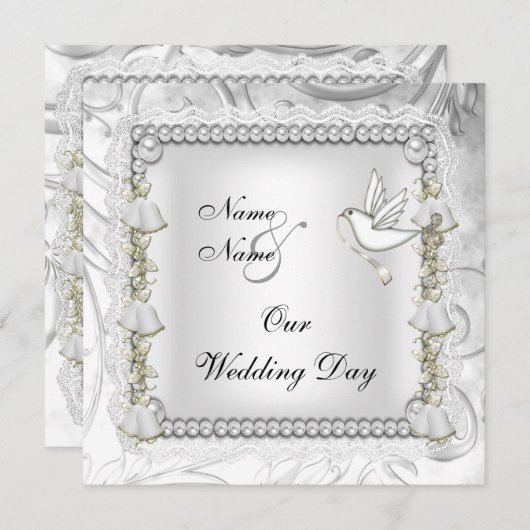 エレガントな結婚式 ゴールド ホワイト ダヴ 招待状 (正面/裏面)