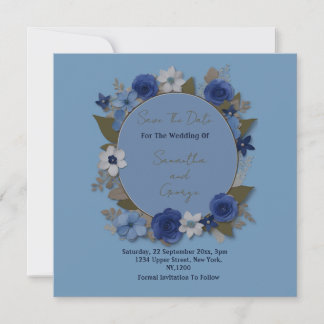 エレガントな結婚式 サークル フラワー シルバー ネイビー セーブザデート