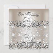 エレガントな結婚式 シルバー クリーム ダイヤモンド ハート 招待状 (正面)