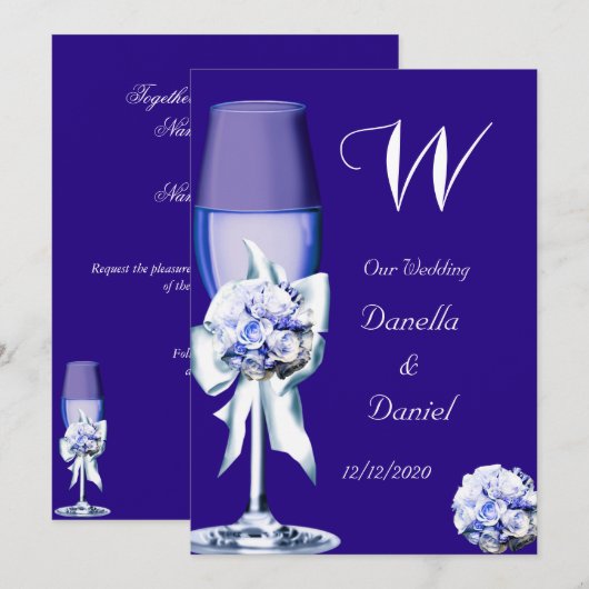 エレガントな結婚式 シルバー ネイビーブルー 花 ローズ 招待状 (正面/裏面)