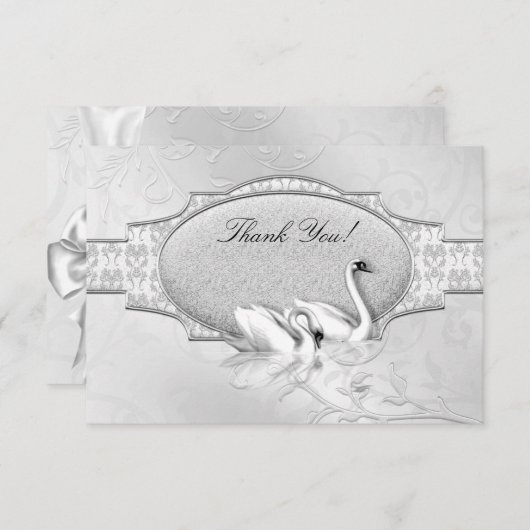 エレガントな結婚式 シルバー ホワイト スワン ハート 招待状 (正面/裏面)