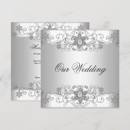 エレガントな結婚式 シルバー ホワイト ダイヤモンド ジュエリー 招待状 (正面/裏面)