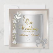 エレガントな結婚式 セピア ゴールド シルバー 白鳩 招待状 (正面)