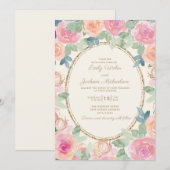 エレガントな結婚式 ピンク ピーチ ウォーターカラー フローラル ゴールド 招待状 (正面/裏面)