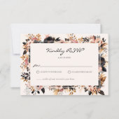 エレガントな結婚式 ブラック＆ゴールド フラワーリース RSVP カード (正面)