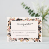 エレガントな結婚式 ブラック＆ゴールド フラワーリース RSVP カード (スタンド正面)