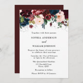 エレガントな結婚式：ブルゴーニュ、海軍、赤面の花 招待状 (正面/裏面)