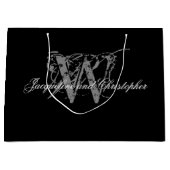 エレガントな結婚式，モノグラム，名前，白黒 ラージペーパーバッグ (正面)