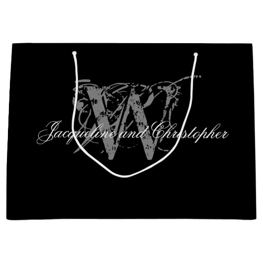 エレガントな結婚式,モノグラム,名前,白黒 ラージペーパーバッグ (正面)