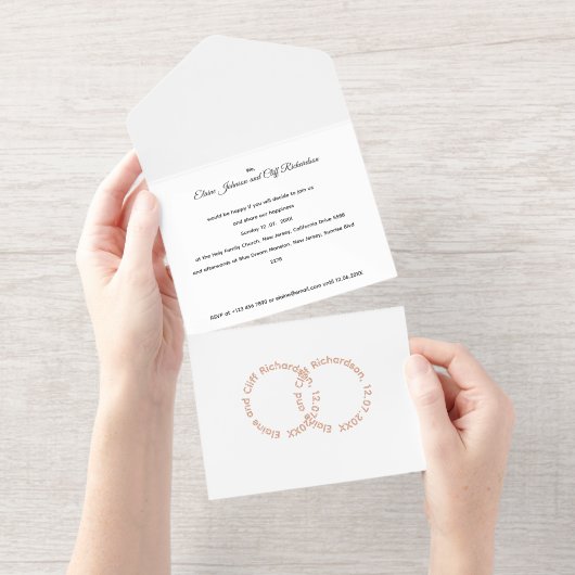 エレガントな結婚式、ローズゴールドの名前書き オールインワン招待状 (切り取り部)