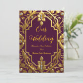 エレガントな結婚式 ワインレッド ゴールド オルネート フレーム 花 招待状 (スタンド正面)