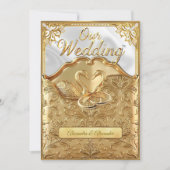 エレガントな結婚式 白いスワン リング ゴールド ダイヤモンド 招待状 (正面)