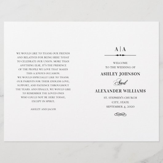 エレガントな結婚式。白黒のプログラムを折り畳んだ (正面)