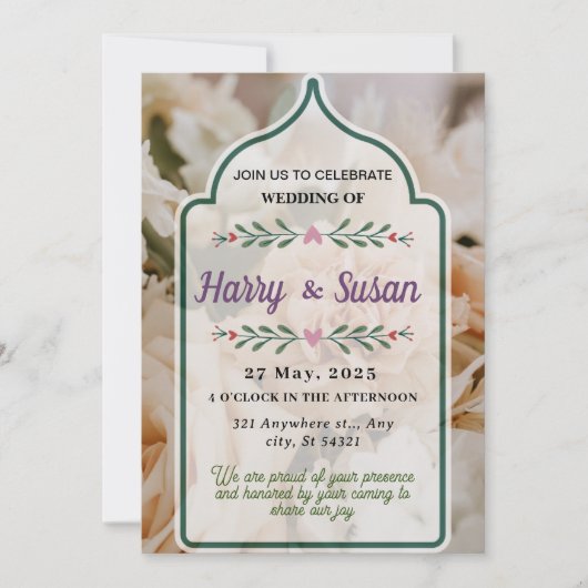 エレガントな結婚式、花束、緑のフレーム 招待状 (正面)