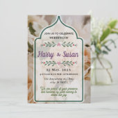 エレガントな結婚式、花束、緑のフレーム 招待状 (スタンド正面)