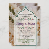 エレガントな結婚式、花束、緑のフレーム 招待状 (正面/裏面)