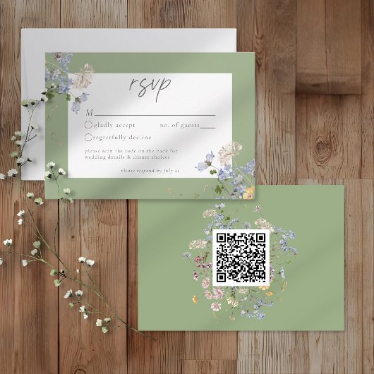 エレガントな結婚式QRコード付きセイジの野の花ガーデン 出欠カード