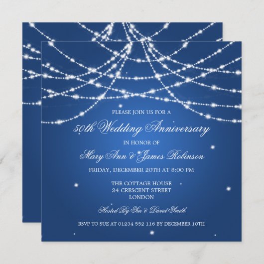 エレガントな結婚記念日の星のストリング ブルー 招待状 (正面/裏面)