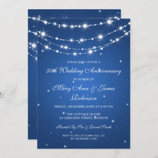 エレガントな結婚記念日スパークリング チェーン ブルー 招待状 (正面/裏面)