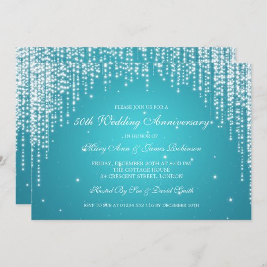 エレガントな結婚記念日ナイトダズルターコイズ 招待状 (正面/裏面)