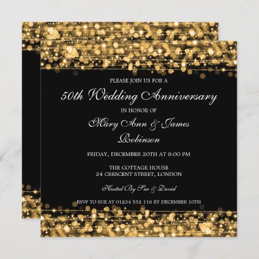 エレガントな結婚記念日パーティーがゴールドに輝く 招待状 (正面/裏面)