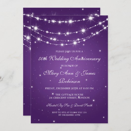 エレガントな結婚記念日 スパークリング チェーン パープル 招待状 (正面/裏面)