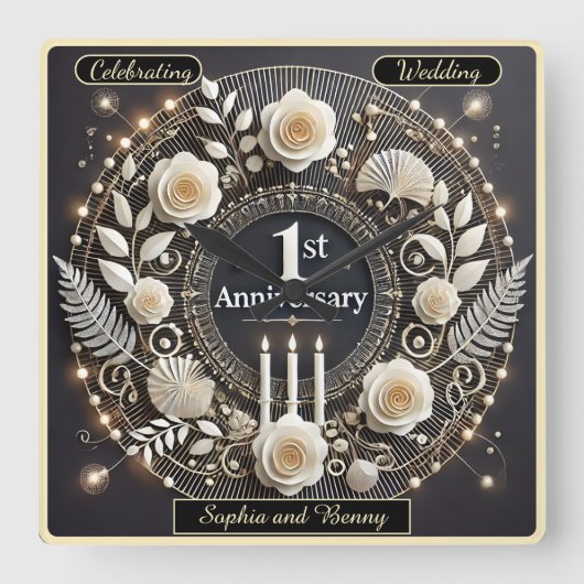 エレガントな結婚1周年リースデザイン スクエア壁時計 (正面)