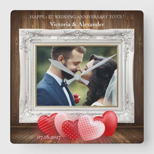 エレガントな結婚1周年記念写真時計 スクエア壁時計 (正面)