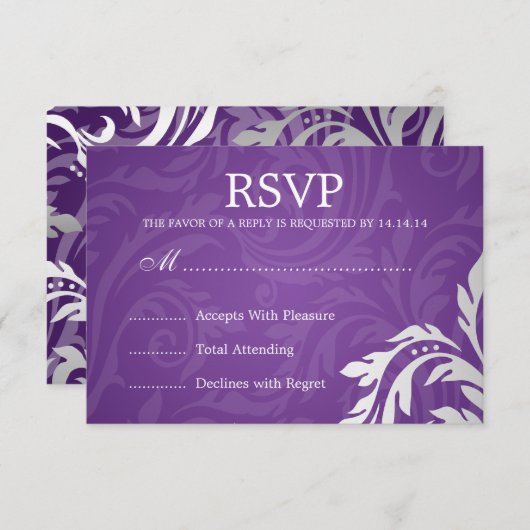 エレガントな結婚RSVPの渦巻形のな華麗さの紫色 出欠カード (正面/裏面)